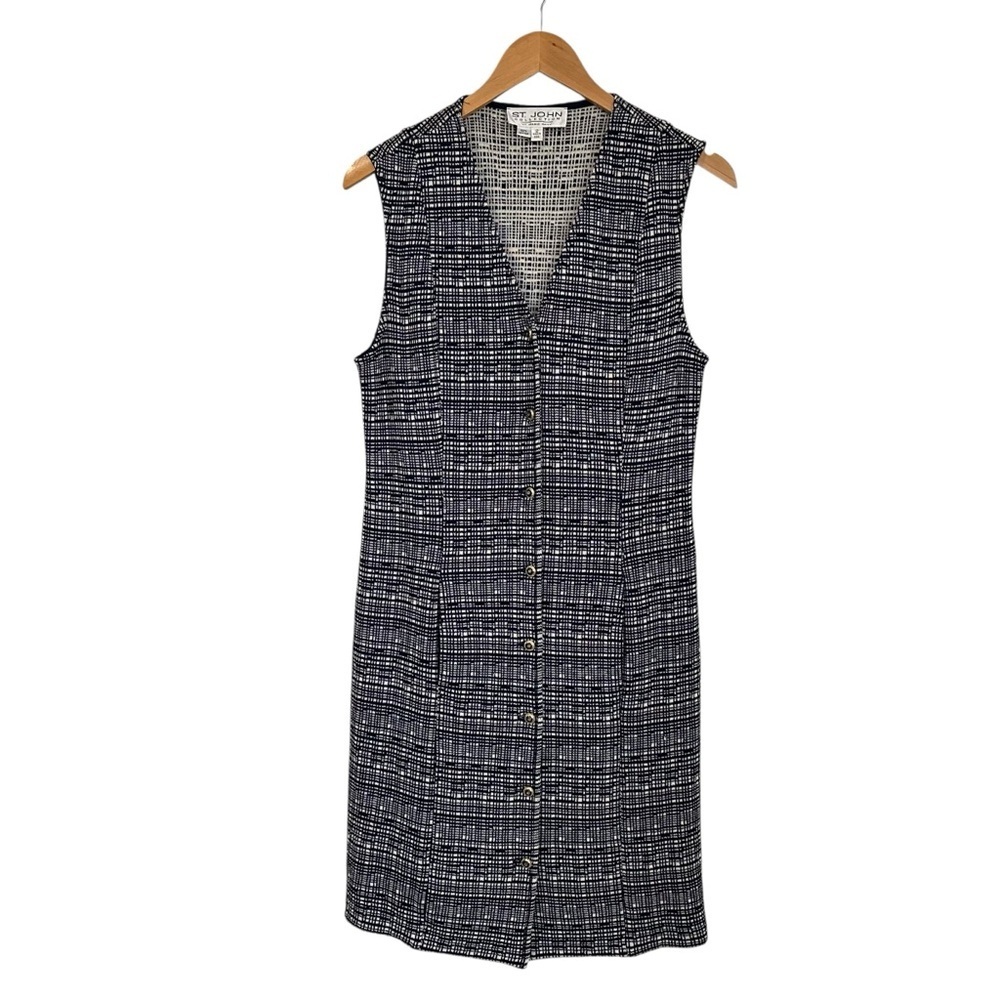 St John Collection V Neck Button Up Knit Dress Sz 12 Blue Ivory Sleeveless